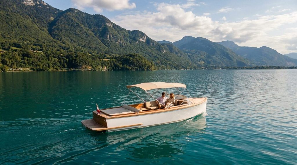 Bateau électrique glissant en silence sur le lac du Bourget à Aix-les-Bains