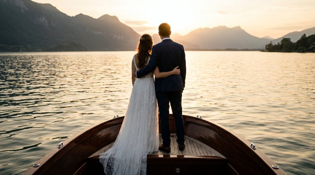 Couple de mariés sur un bateau au coucher de soleil sur le lac du Bourget