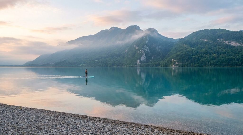 Paddle au lever du jour sur le lac du Bourget à Aix-les-Bains