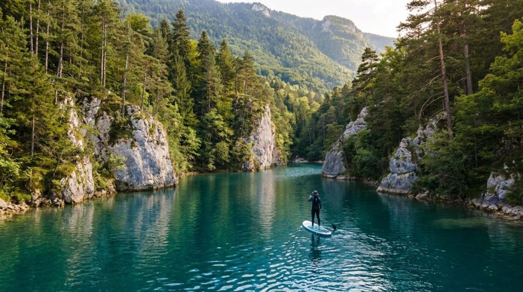 Paddle dans une crique sauvage du lac du Bourget entre falaises et pins